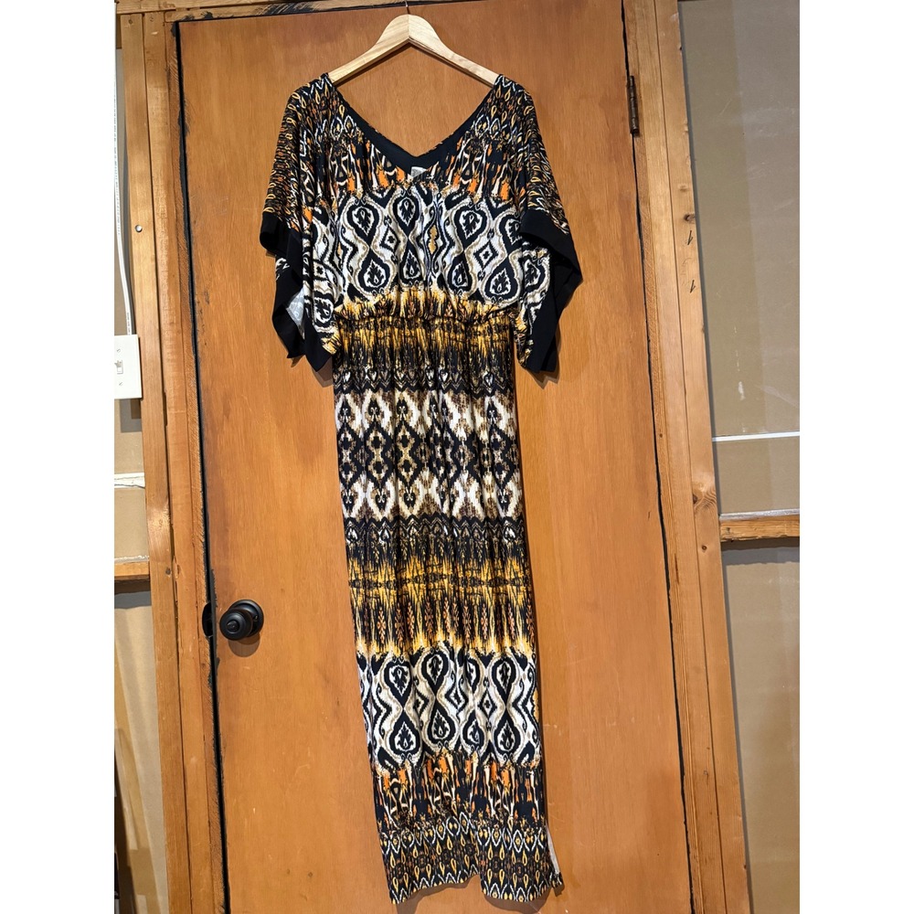 Emma & Michele Womens L Ikat Maxi Dress Orange Black V-Neck Dolman Sleeve Boho